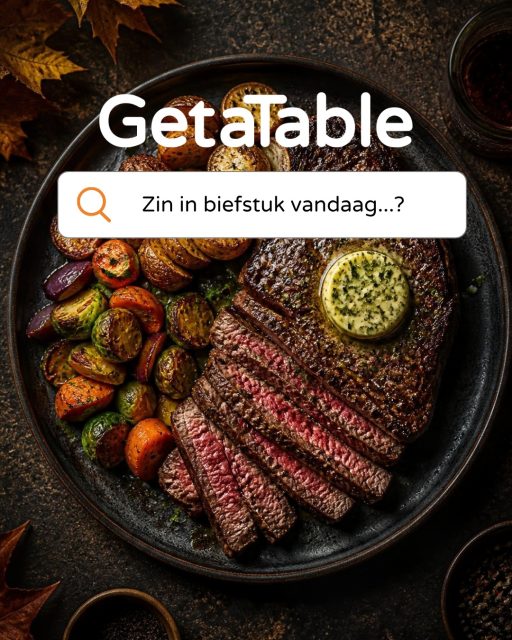 Een dikke biefstuk, mooi roze vanbinnen met een stukje smeltende kruidenboter erbovenop. Dit is genieten op z’n best. Typ waar je trek in hebt, en GetaTable vi…